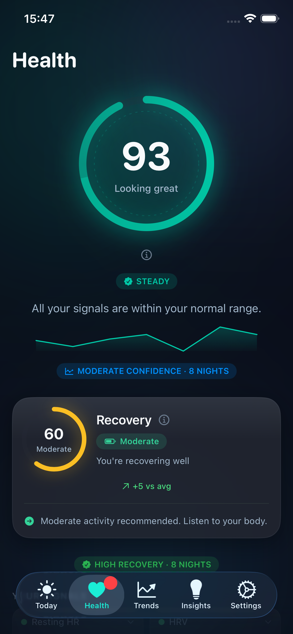 Health screen with a confidence score of 93 and recovery detail