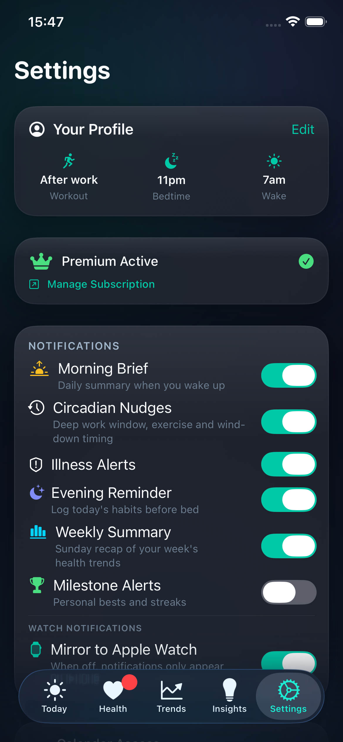 Settings screen with profile, premium and notification controls