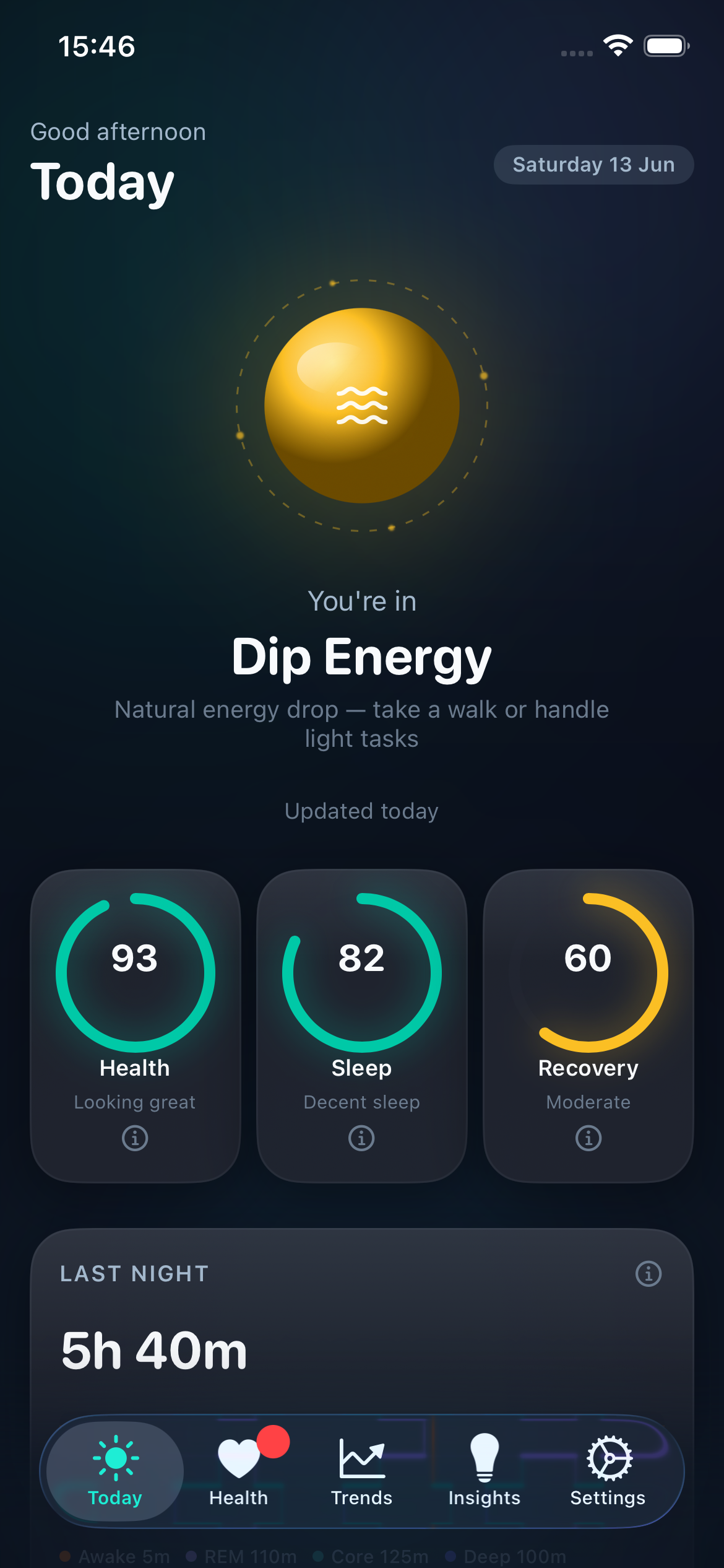 Steady Today screen — energy orb and health, sleep and recovery scores