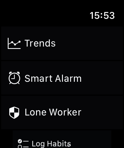 Apple Watch menu with Trends, Smart Alarm, Lone Worker and Log Habits